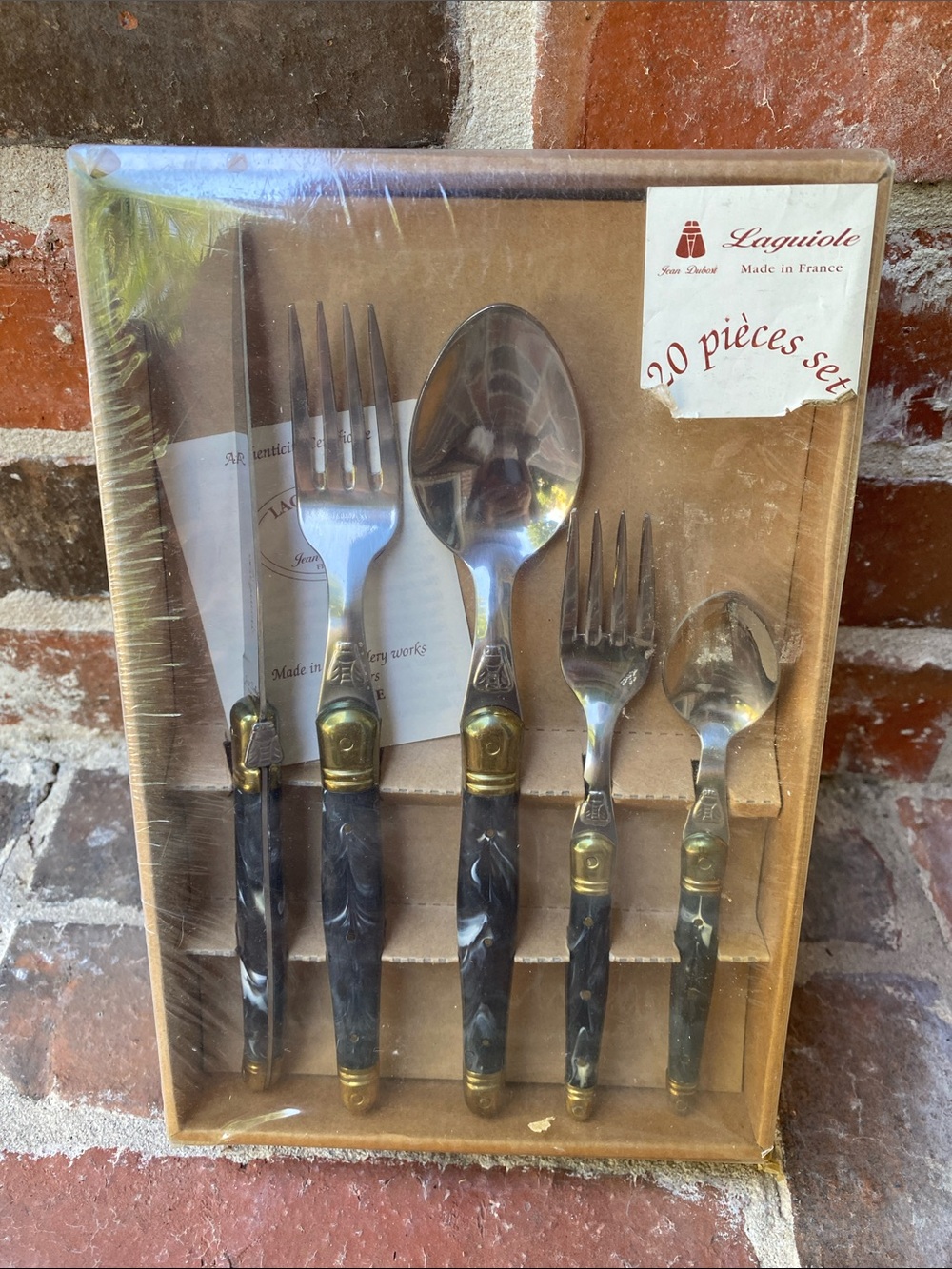 Jean Dubost Laguiole Black Marble and Brass Handle 20-Piece Flatware Set
